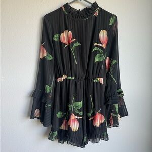 Lulu's Elegant Black Romper with Pink Floral Design